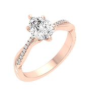 Angled View Of 1.72 Ct Pear Cut Diamond Ring Rose Gold Pavé Infinity Twist