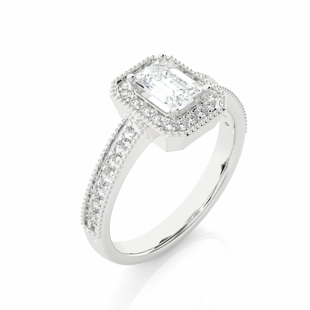 1.09 Carat Emerald Cut Halo Lab Created Diamond Ring Halo Diamond Engagement Rings
