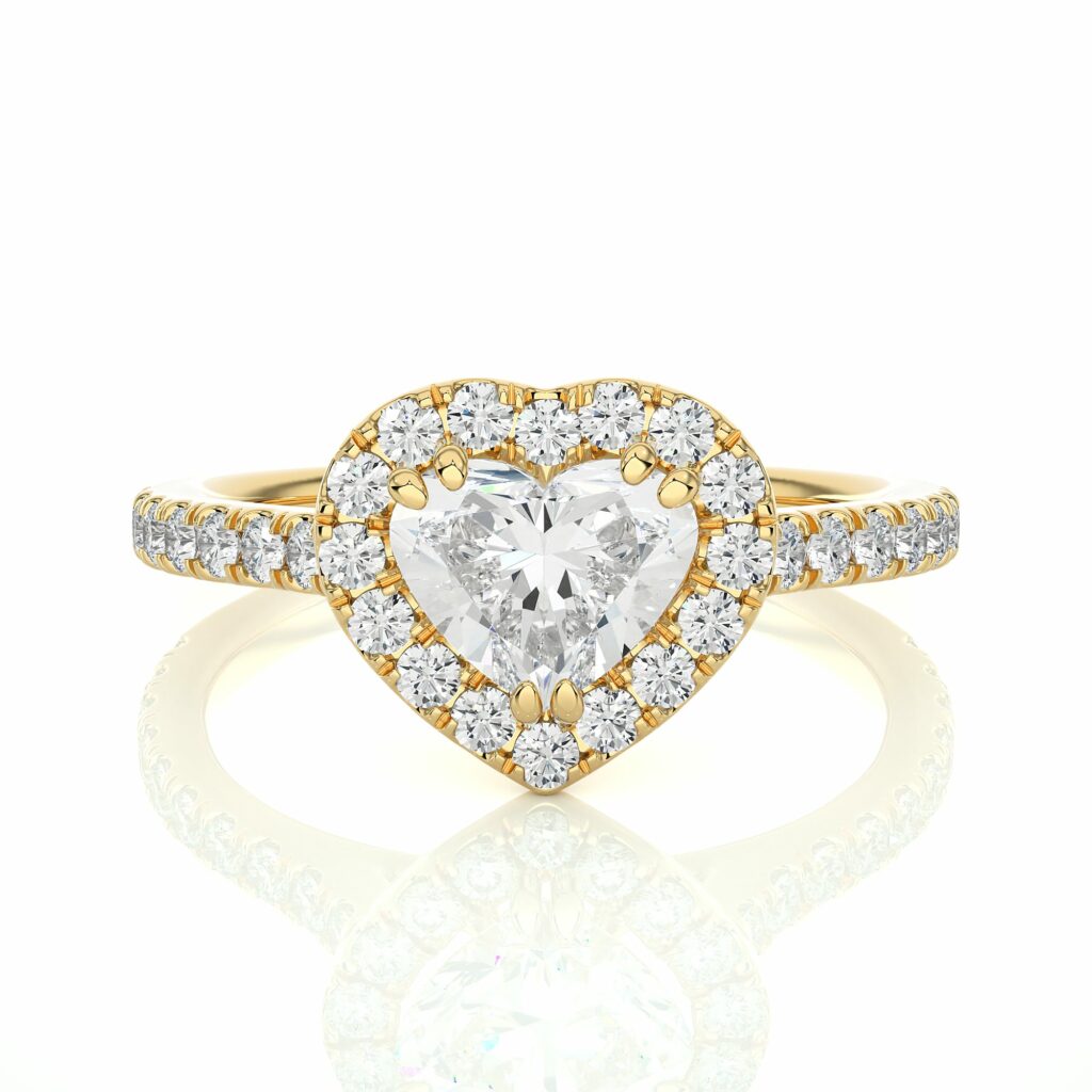 Heart Shape Diamond Double Prongs Halo Ring For Women 18K Yellow Gold Natural Diamond