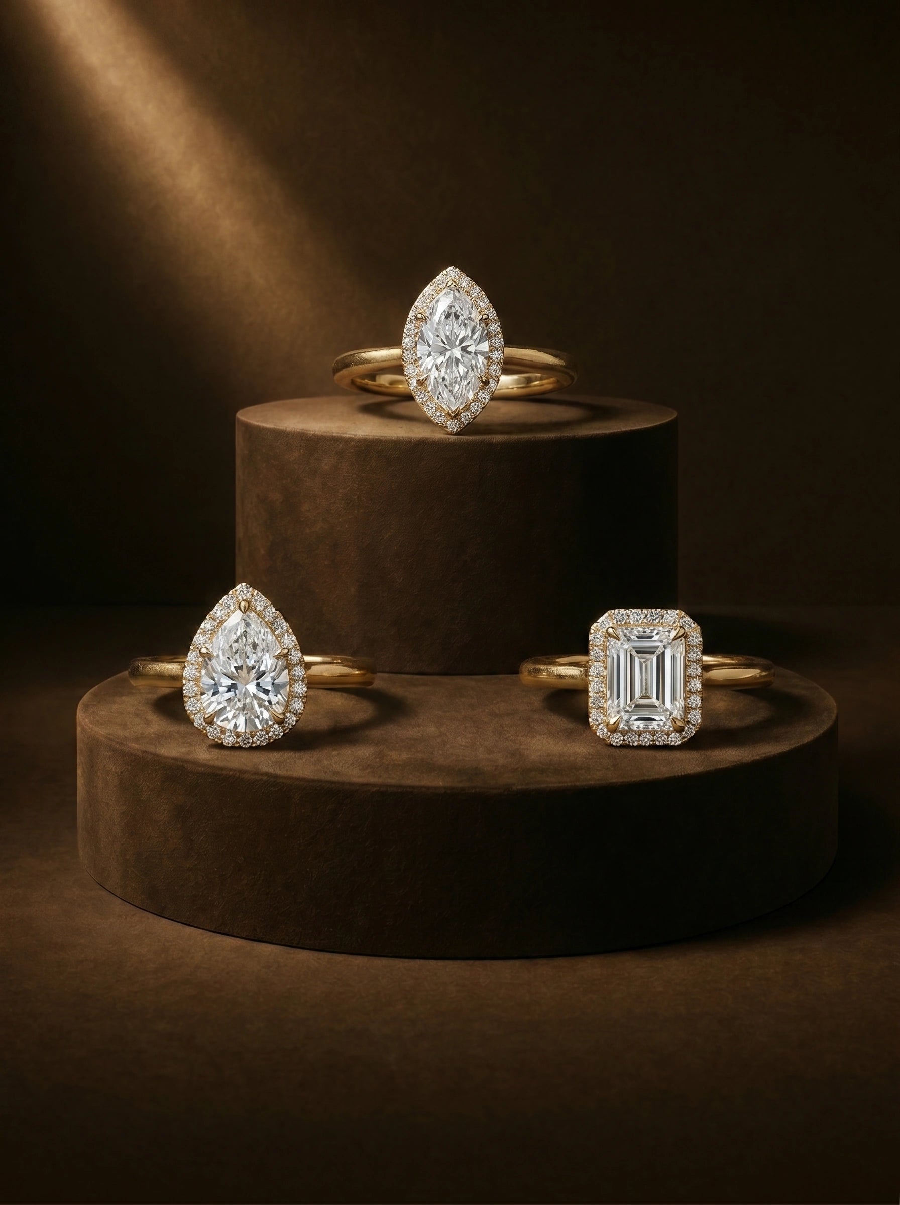 Lab created diamond engagement rings featuring marquise, pear and emerald cut halo diamond rings in yellow gold.