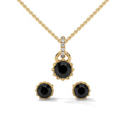 Round Cut Natural Black Diamond Pendant & Stud Earrings Set in White Gold 18K Yellow Gold