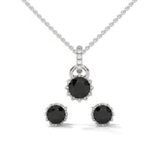 Round Cut Natural Black Diamond Pendant & Stud Earrings Set in White Gold