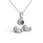 Round Cut Natural Black Diamond Pendant & Stud Earrings Set in White Gold
