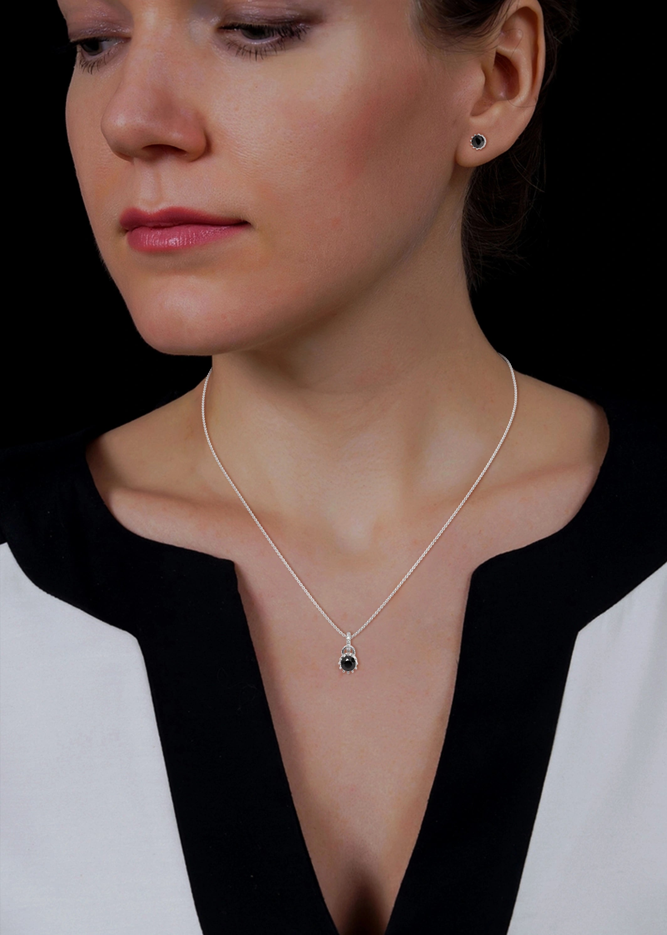 Round Cut Natural Black Diamond Pendant & Stud Earrings Set in White Gold