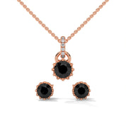 Round Cut Natural Black Diamond Pendant & Stud Earrings Set in White Gold 18K Rose Gold