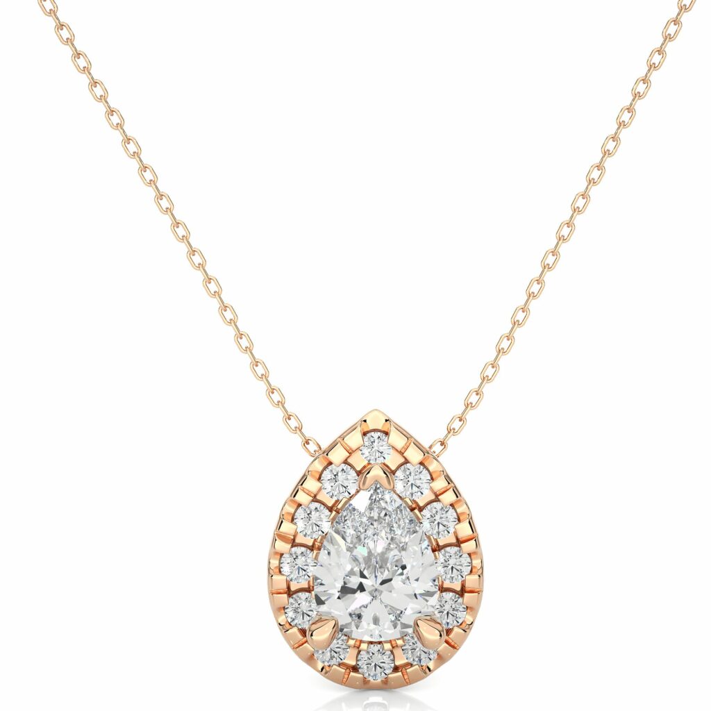 0.80 Ct Pear And Round Shaped Halo Diamond Pendant In Rose Gold Rose