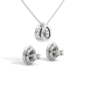 Pear Shaped Black Diamond Halo Pendant & Stud Earrings Set in White Gold