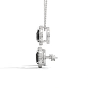Pear Shaped Black Diamond Halo Pendant & Stud Earrings Set in White Gold