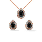Pear Shaped Black Diamond Halo Pendant & Stud Earrings Set in White Gold 18K Rose Gold