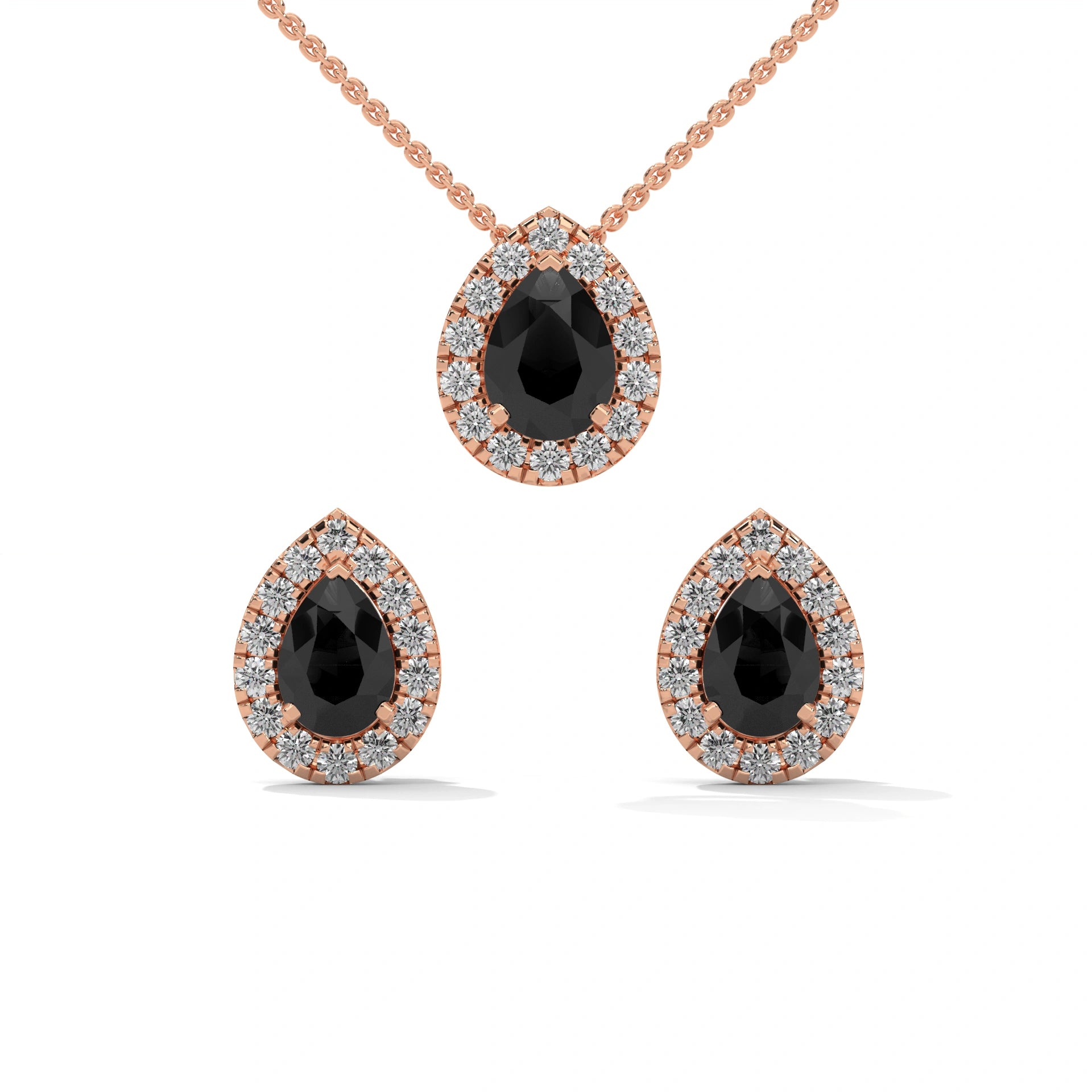 Pear Shaped Black Diamond Halo Pendant & Stud Earrings Set in White Gold 18K Rose Gold