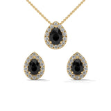 Pear Shaped Black Diamond Halo Pendant & Stud Earrings Set in White Gold