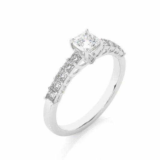 0.85 Ct Princess Cut Prong Setting With Accents Diamond Ring In White Gold