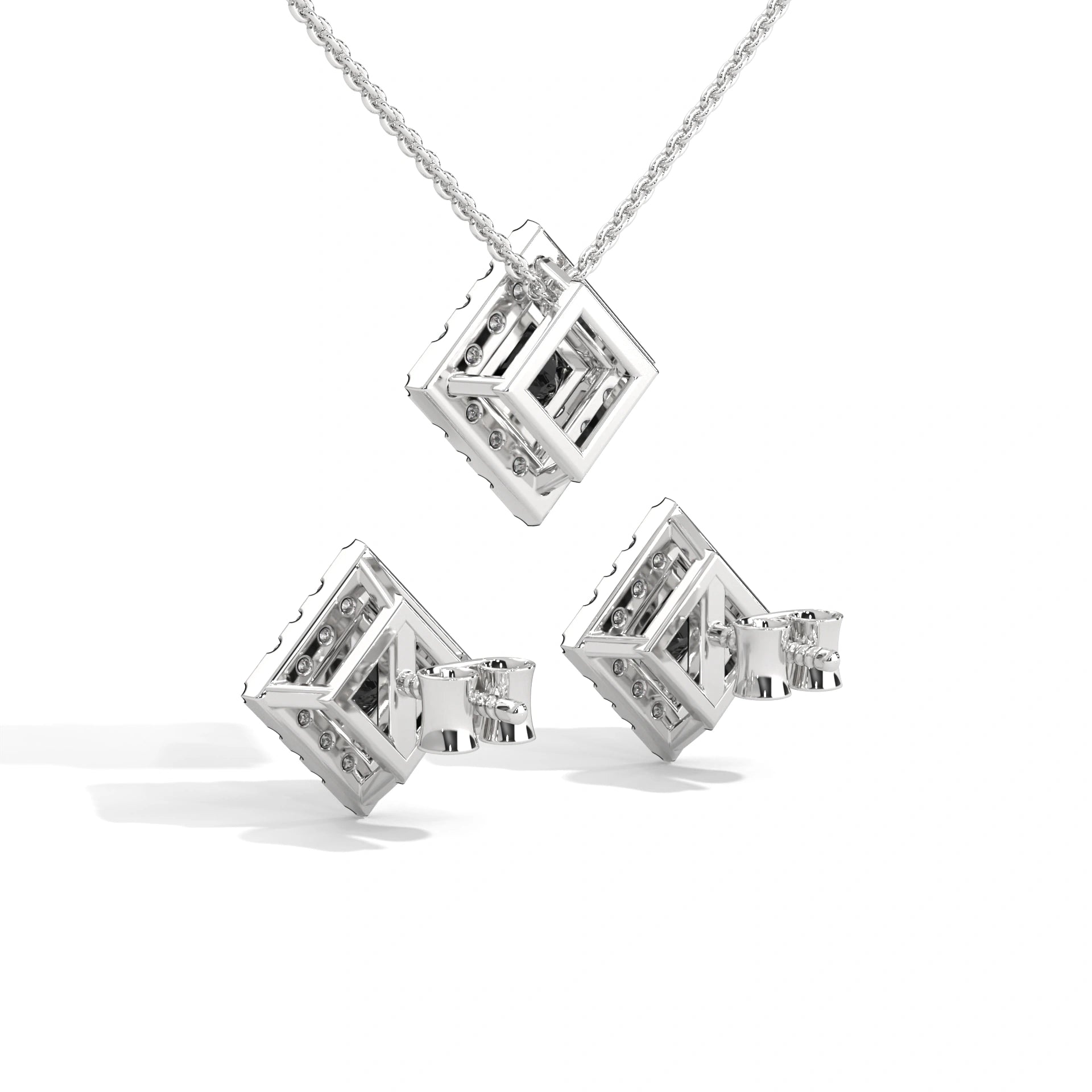 Princess Cut Diamond Black Diamond Pendant & Earrings Halo Set