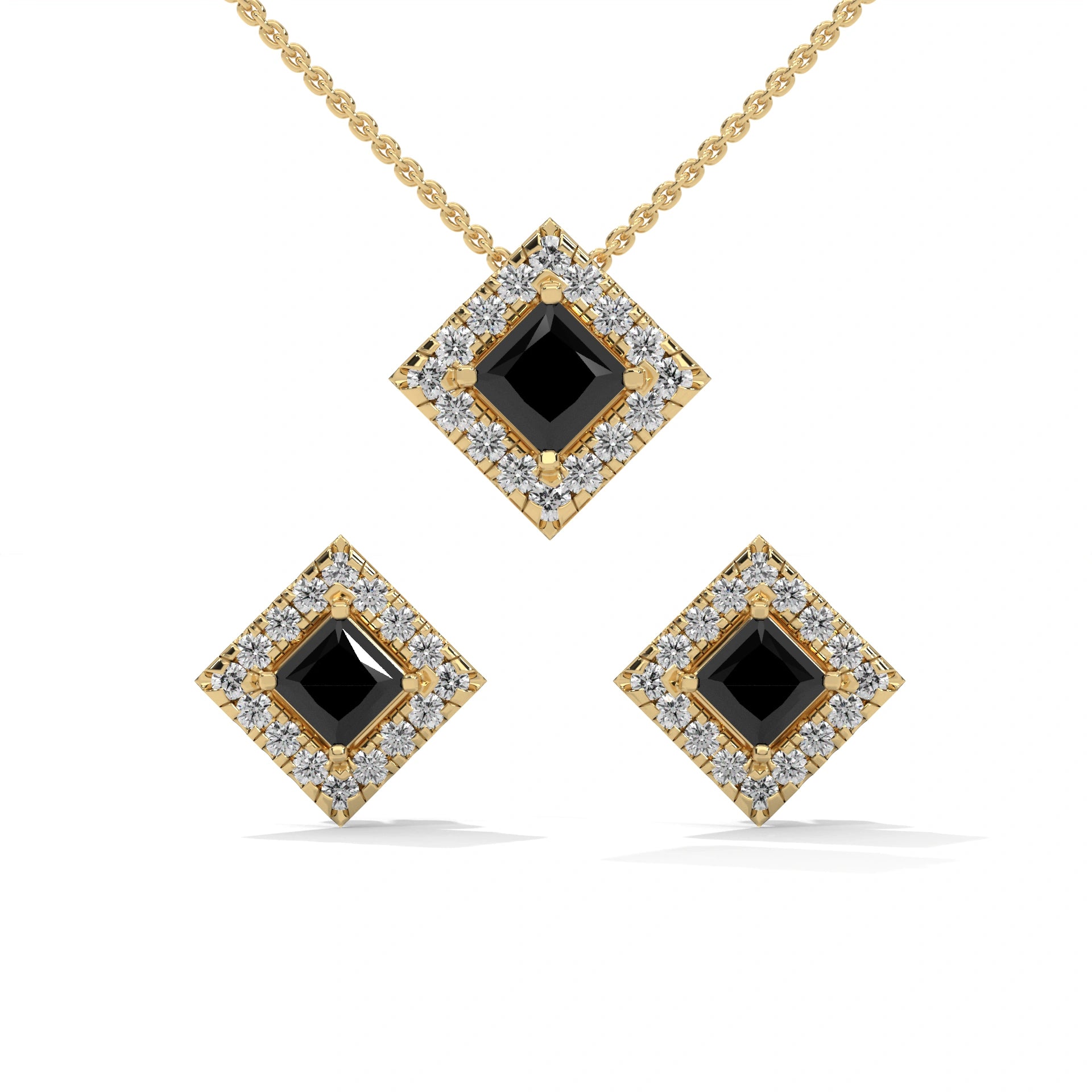 Princess Cut Diamond Black Diamond Pendant & Earrings Halo Set 18K Yellow Gold