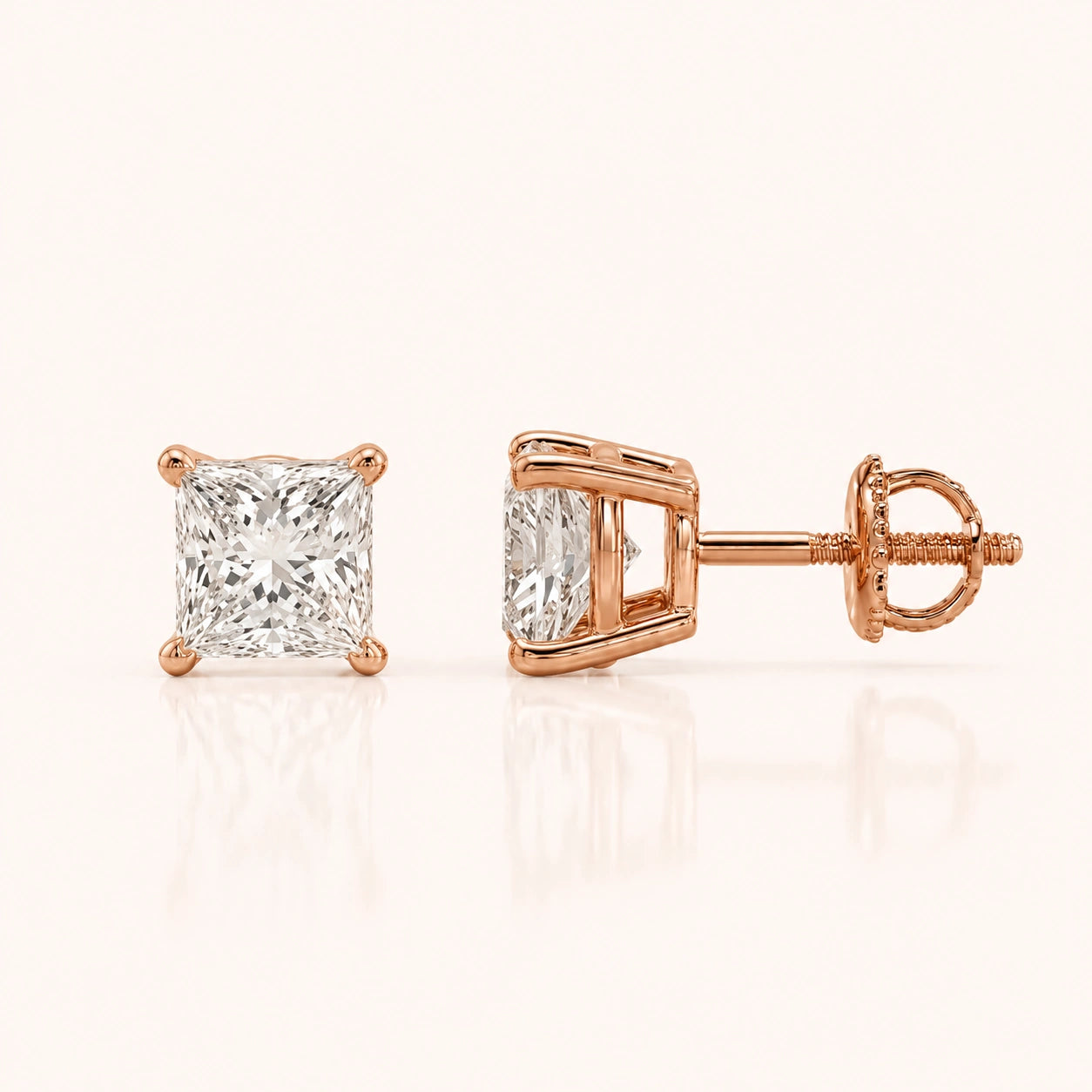 Luxury Princess Diamond Stud Earrings by Size & Setting