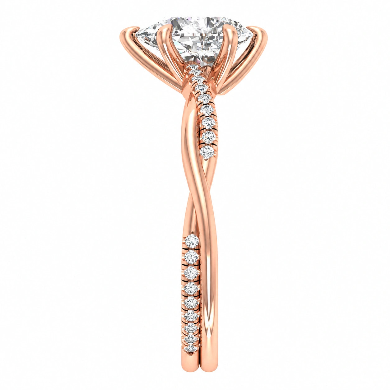 Side View Of 1.72 Ct Pear Cut Diamond Engagement Ring in Pavé Infinity Twist Setting