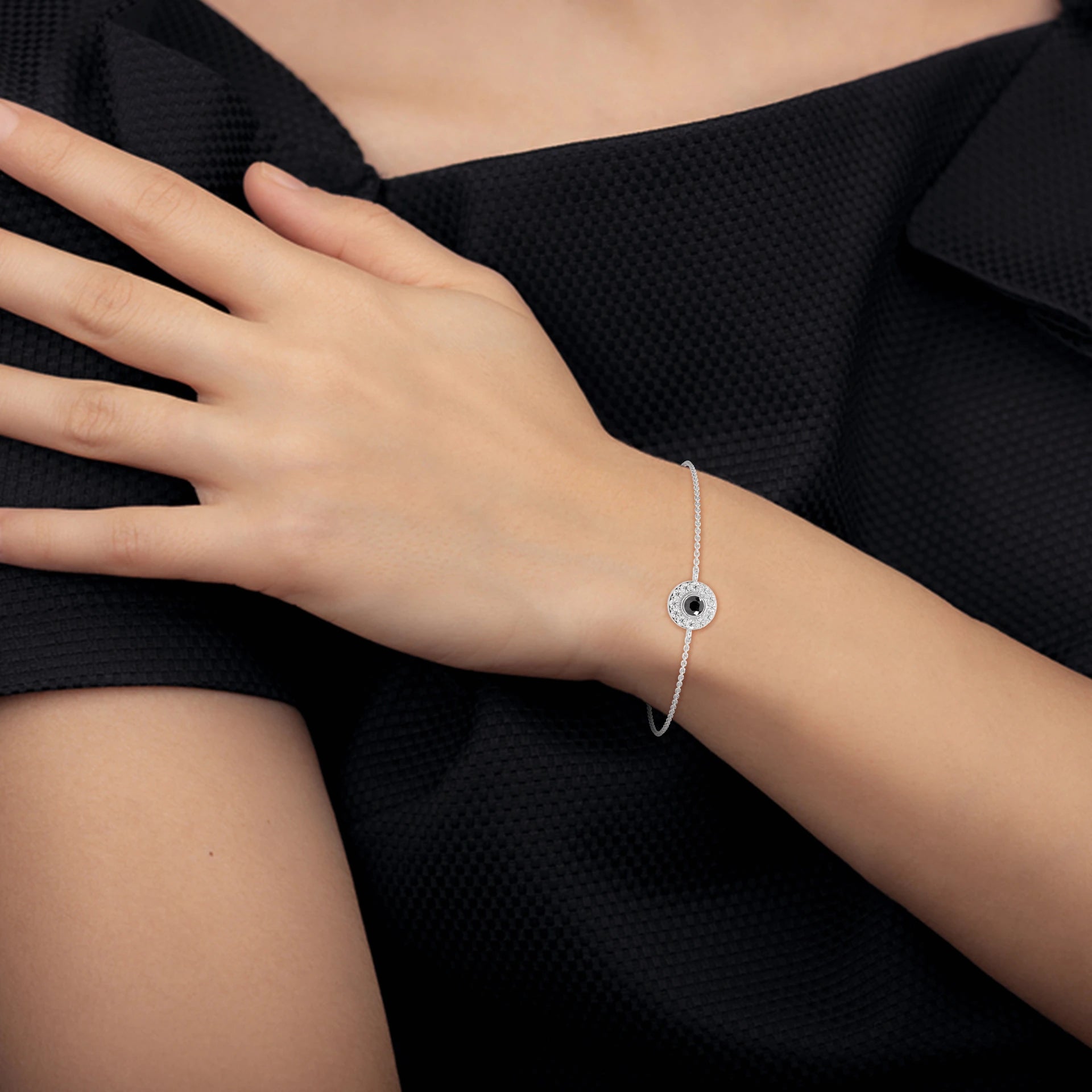 Round Cut Halo Black & White Diamond Bracelet