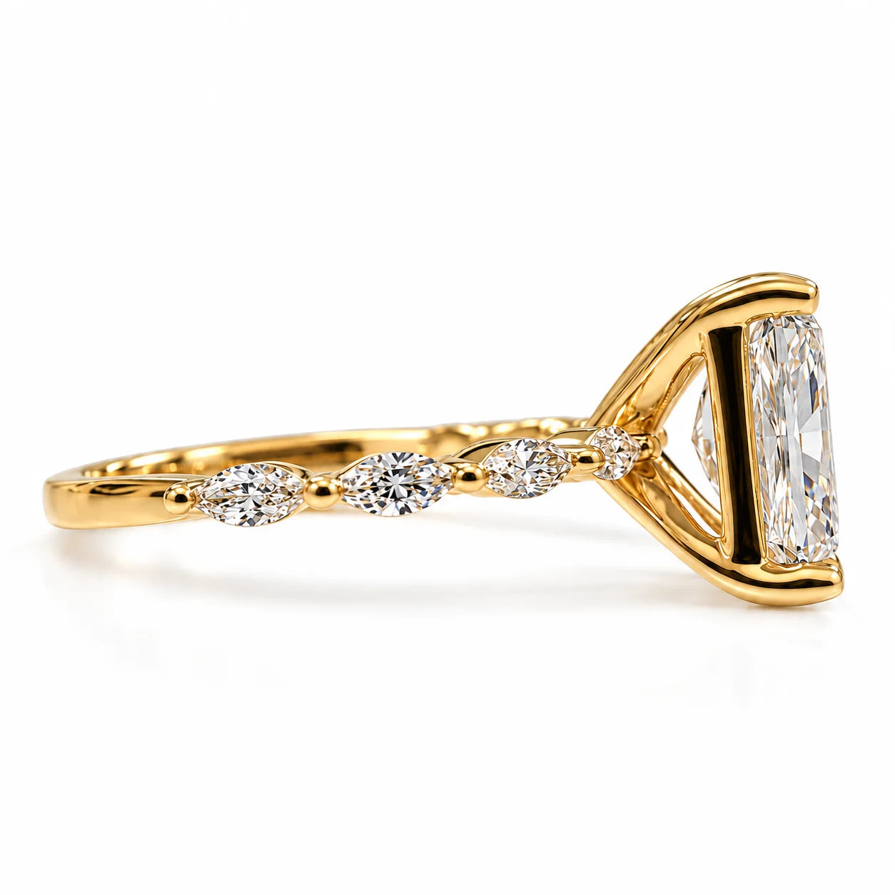 Side View of 2.5 ct Radiant Cut Diamond Engagement Ring with Marquise Accents