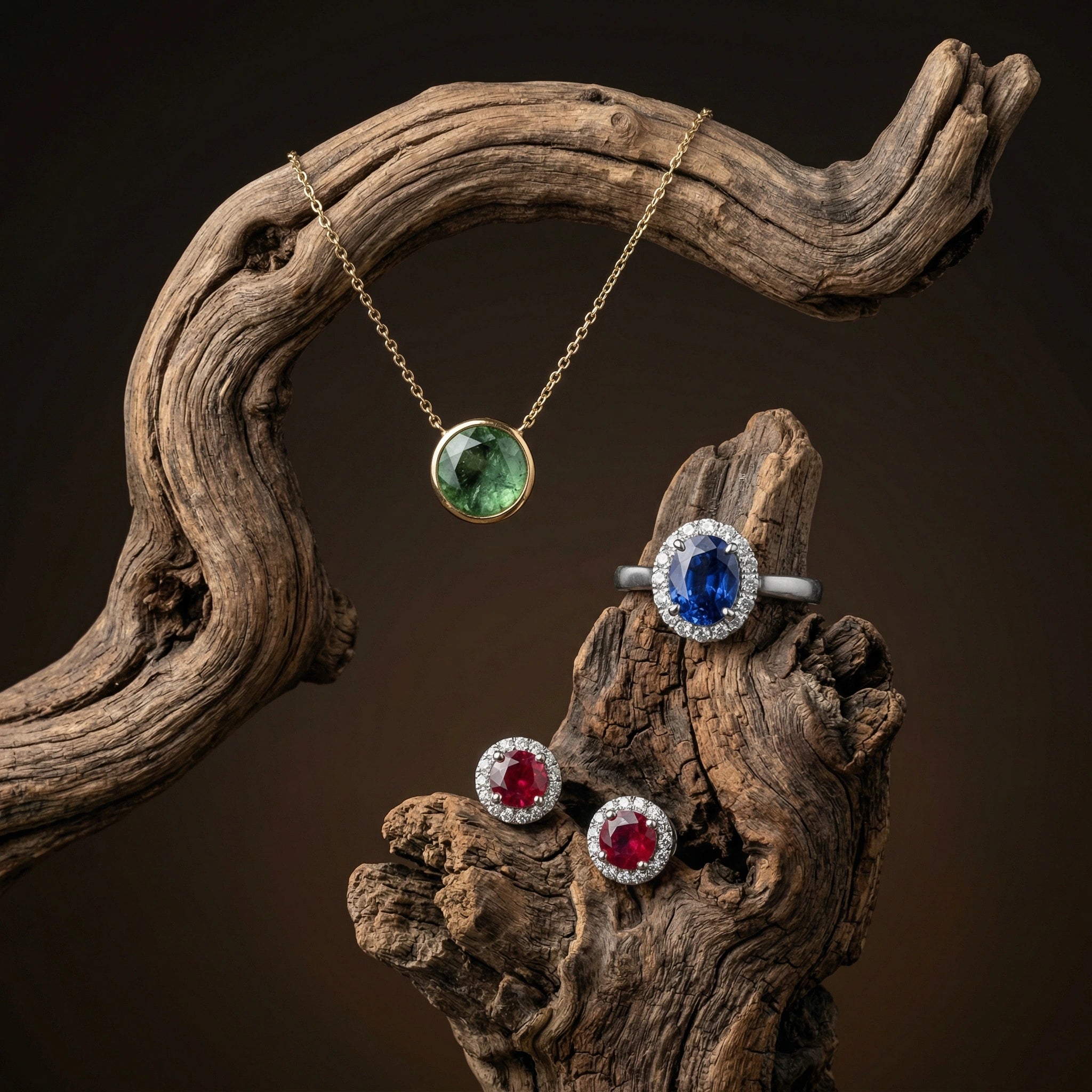 Luxury gemstone jewelry set with emerald necklace pendant, sapphire halo engagement ring and ruby diamond earrings.