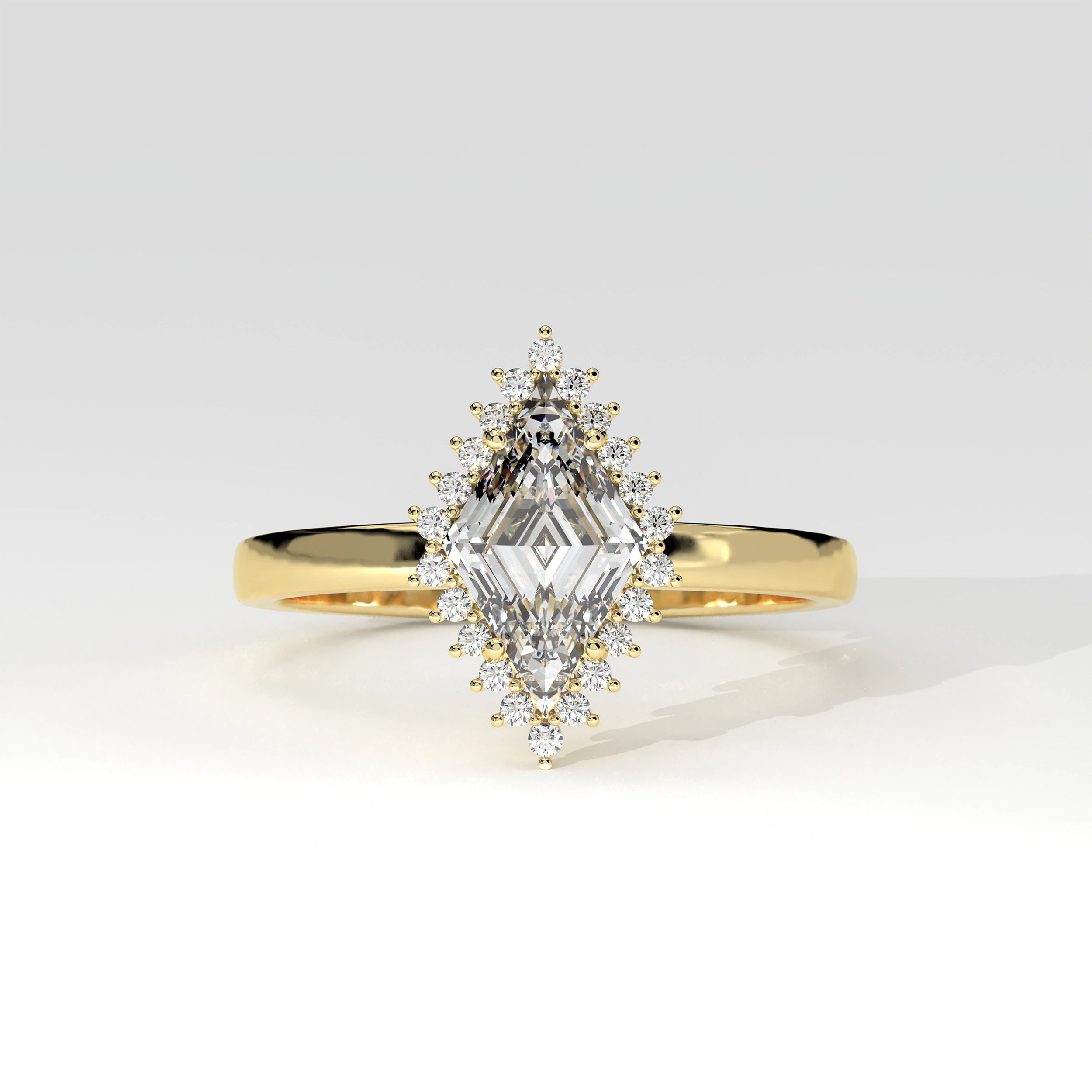 Front View Of 0.61 carat Lozenge Shape Halo Diamond Ring with Vintage Cluster Frame