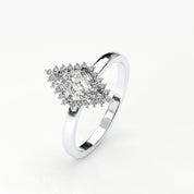 Angled View Of 0.61 carat Lozenge Shape Halo Diamond Ring with Vintage Cluster Frame