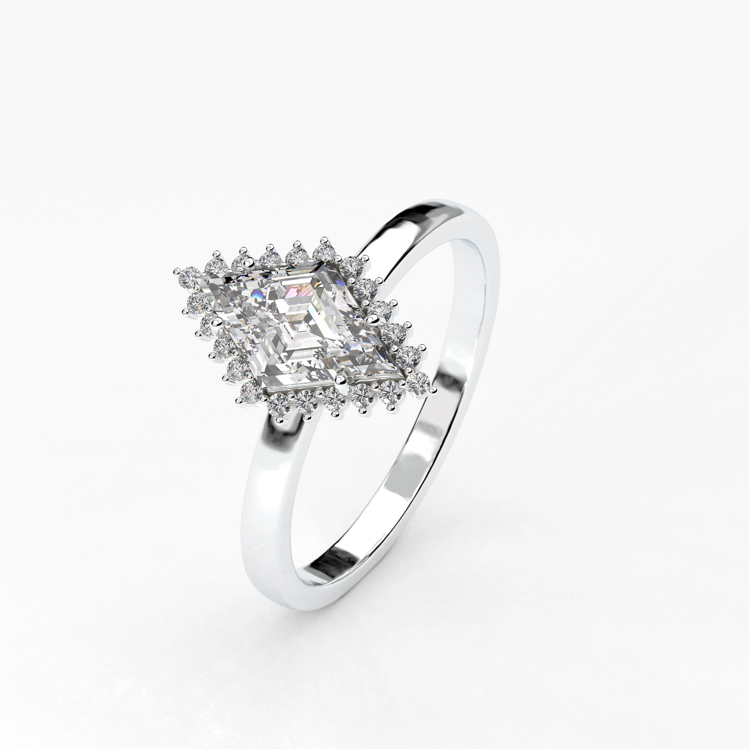 Angled View Of 0.61 carat Lozenge Shape Halo Diamond Ring with Vintage Cluster Frame