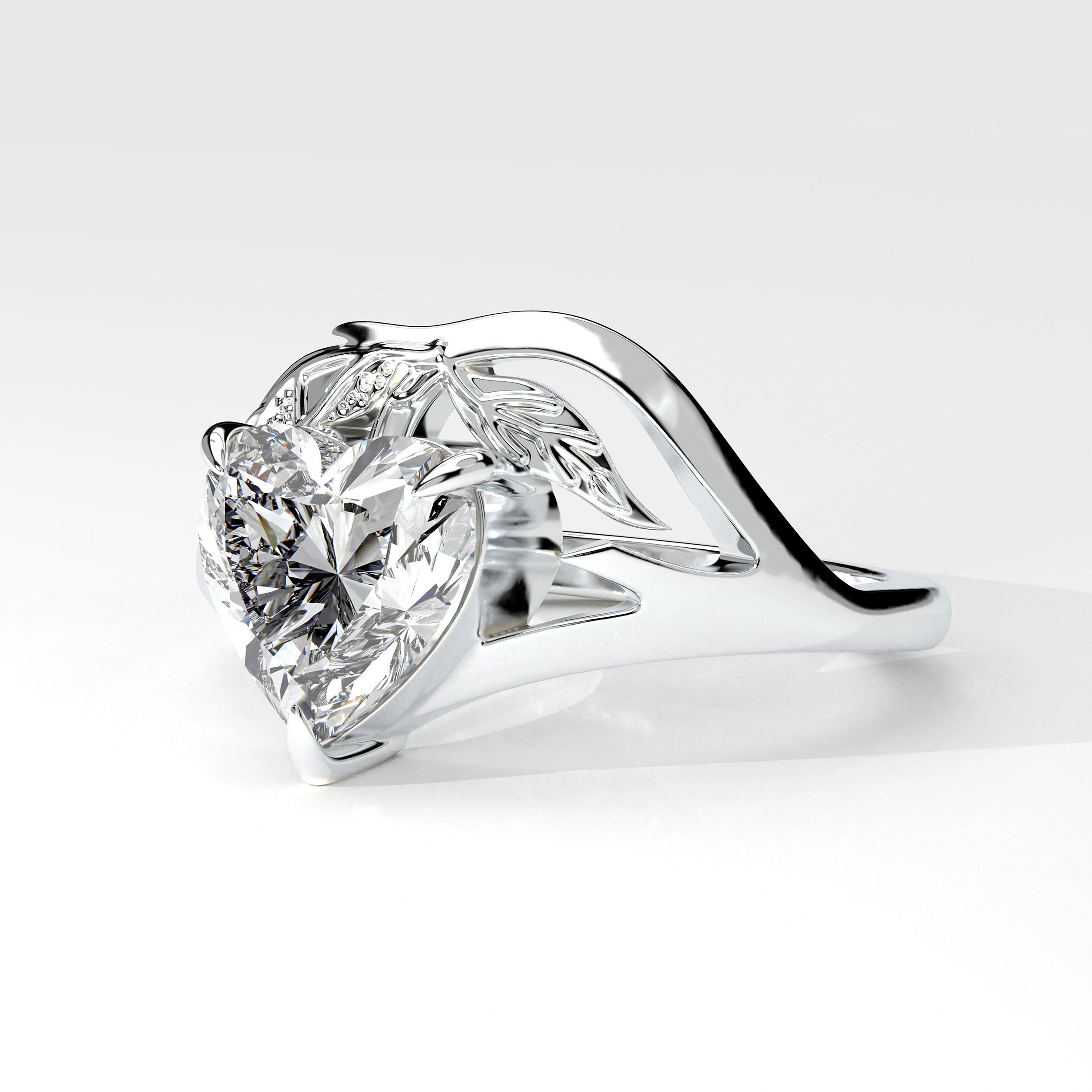 Side View of 2ct Heart Shape Lab Grown Diamond Ring with Nature Inspired Leaf Design