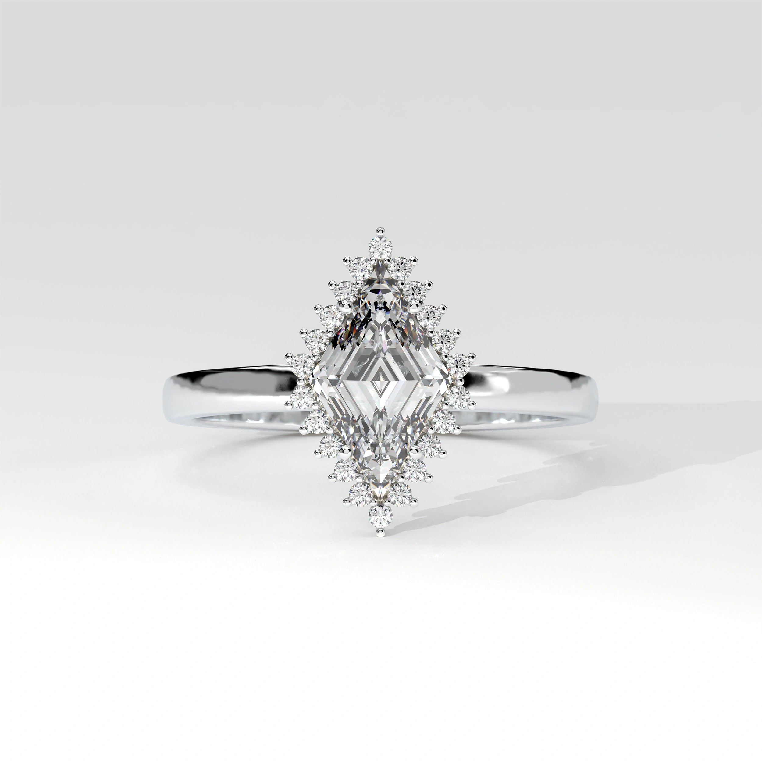 Front View Of 0.61 carat Lozenge Shape Halo Diamond Ring with Vintage Cluster Frame
