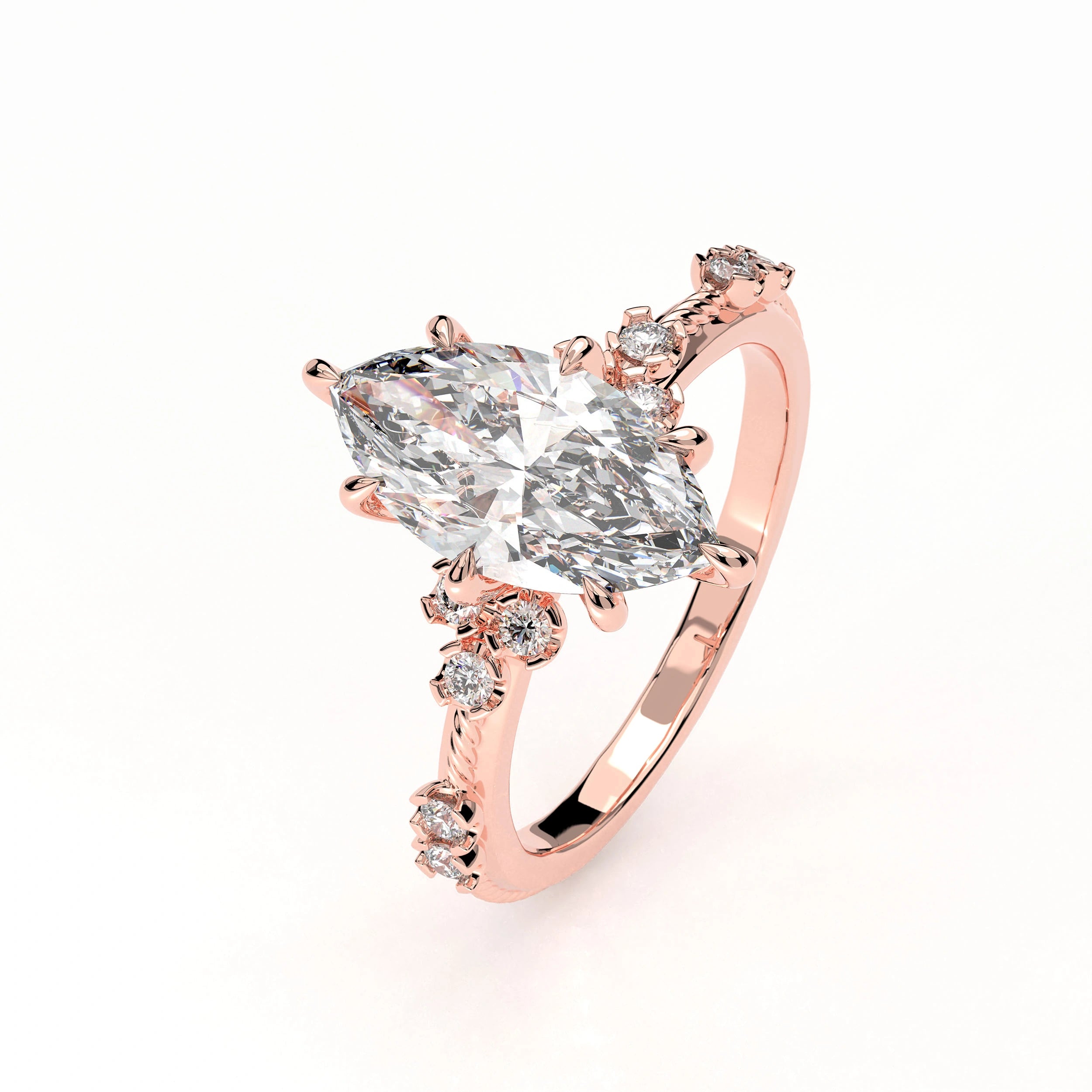 Angled View Of 2.18ct Marquise Lab Diamond Ring with Accent Stones