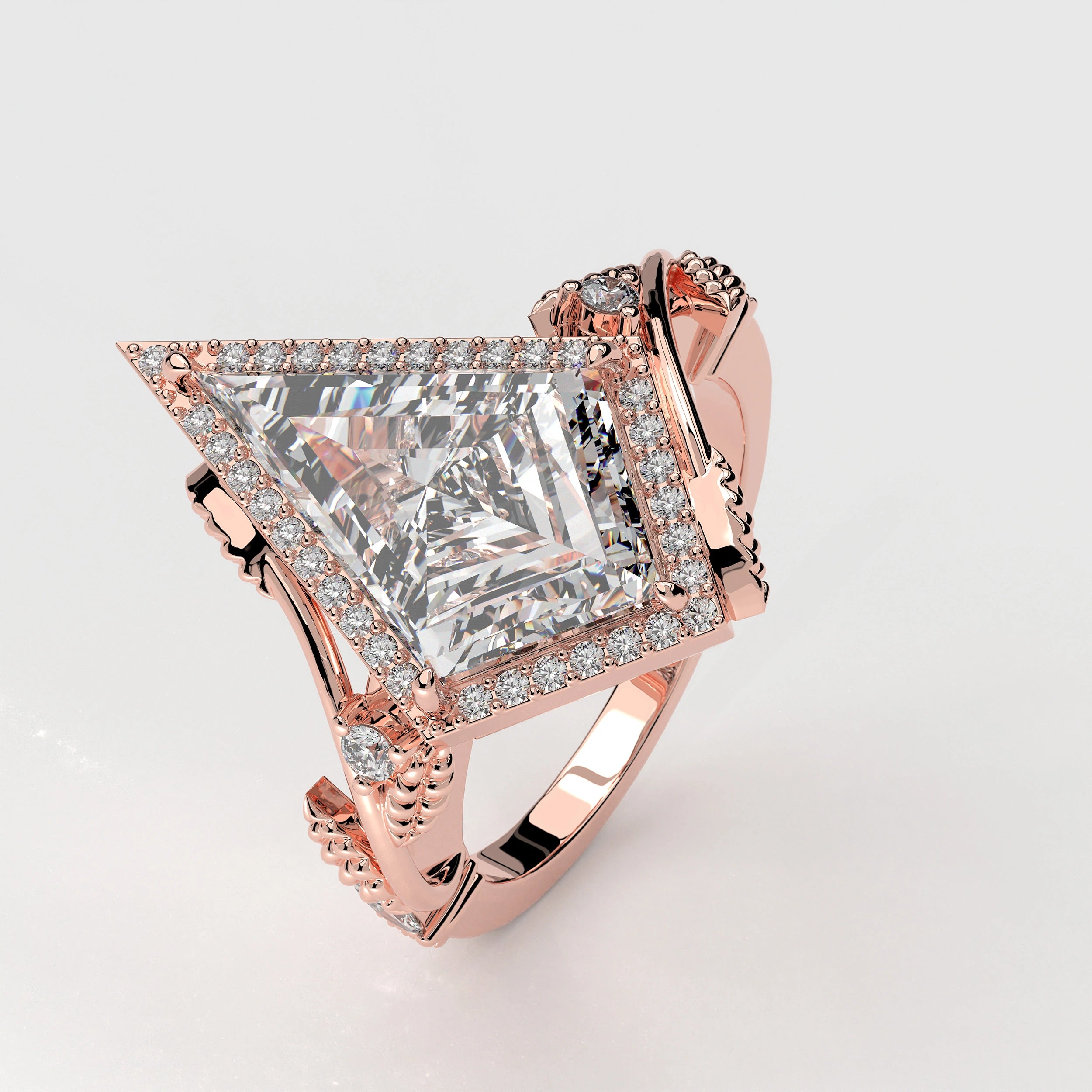 Angled View Of 2.88ct Kite Shape Halo Lab Created Diamond Engagement Ring