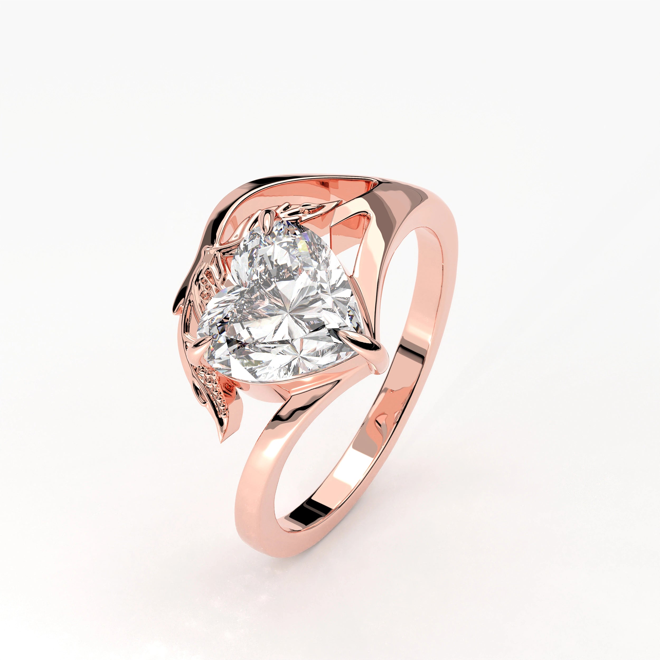 Angled View Of 2ct Heart Shape Lab Grown Diamond Ring with Nature Inspired Leaf Design