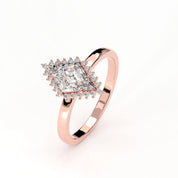 Angled View Of 0.61 carat Lozenge Shape Halo Diamond Ring with Vintage Cluster Frame