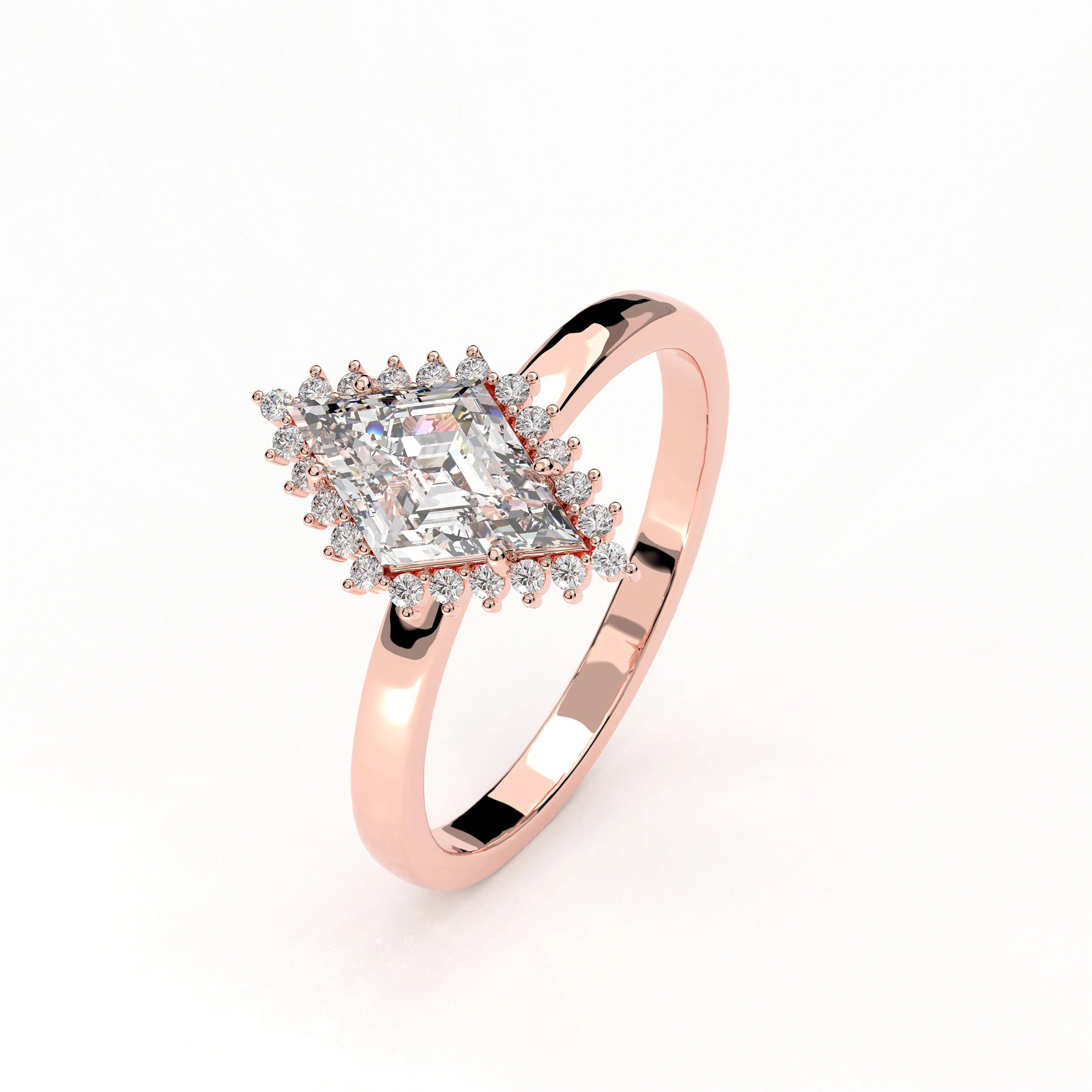 Angled View Of 0.61 carat Lozenge Shape Halo Diamond Ring with Vintage Cluster Frame