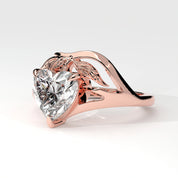 Side View Of 2ct Heart Shape Lab Grown Diamond Ring with Nature Inspired Leaf Design