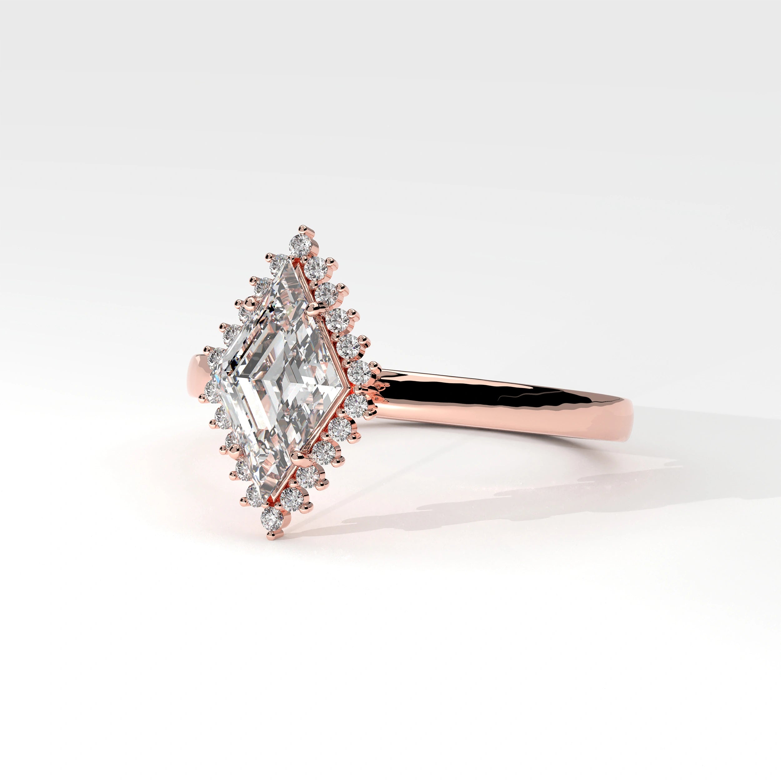 Side View Of 0.61 carat Lozenge Shape Halo Diamond Ring with Vintage Cluster Frame