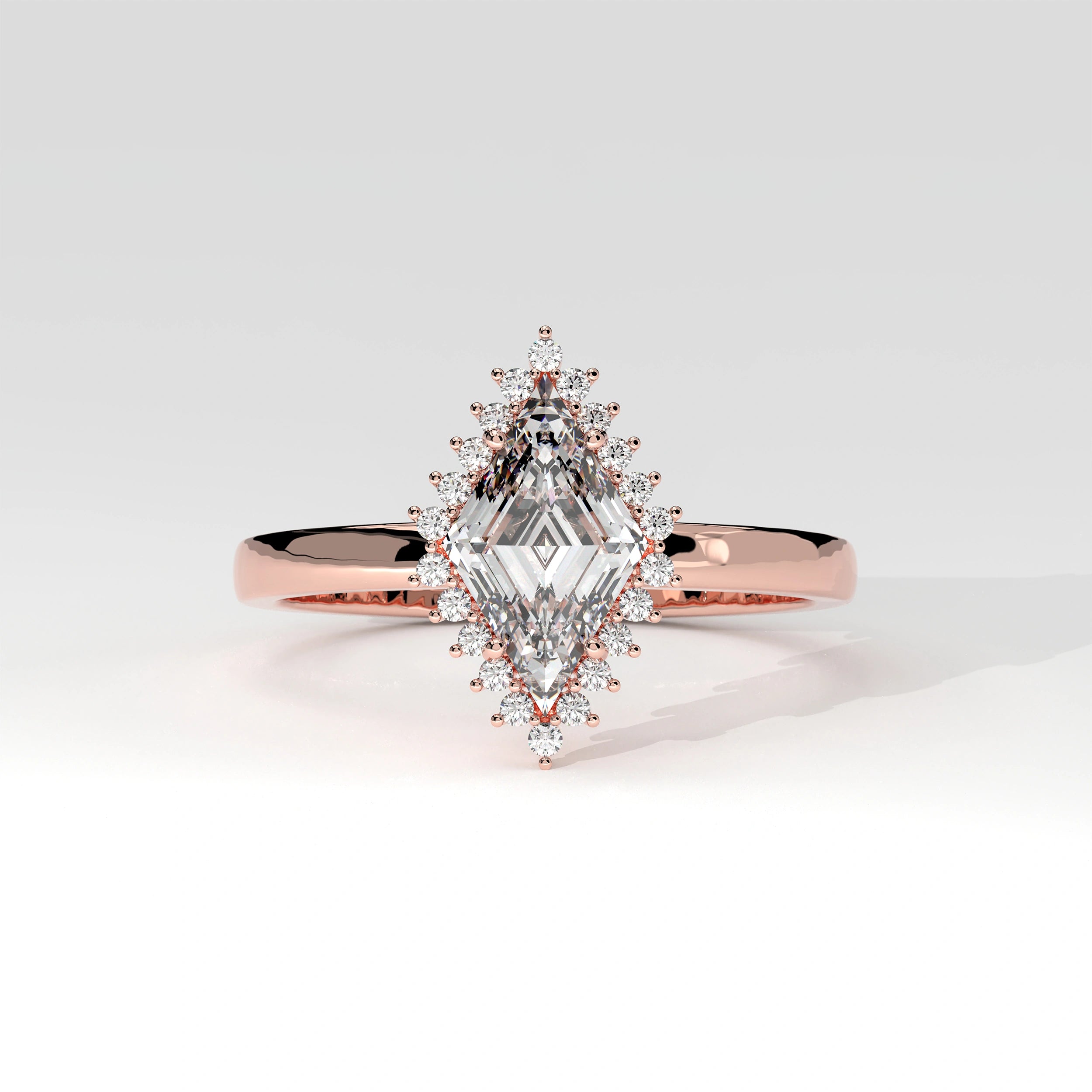 Front View Of 0.61 carat Lozenge Shape Halo Diamond Ring with Vintage Cluster Frame