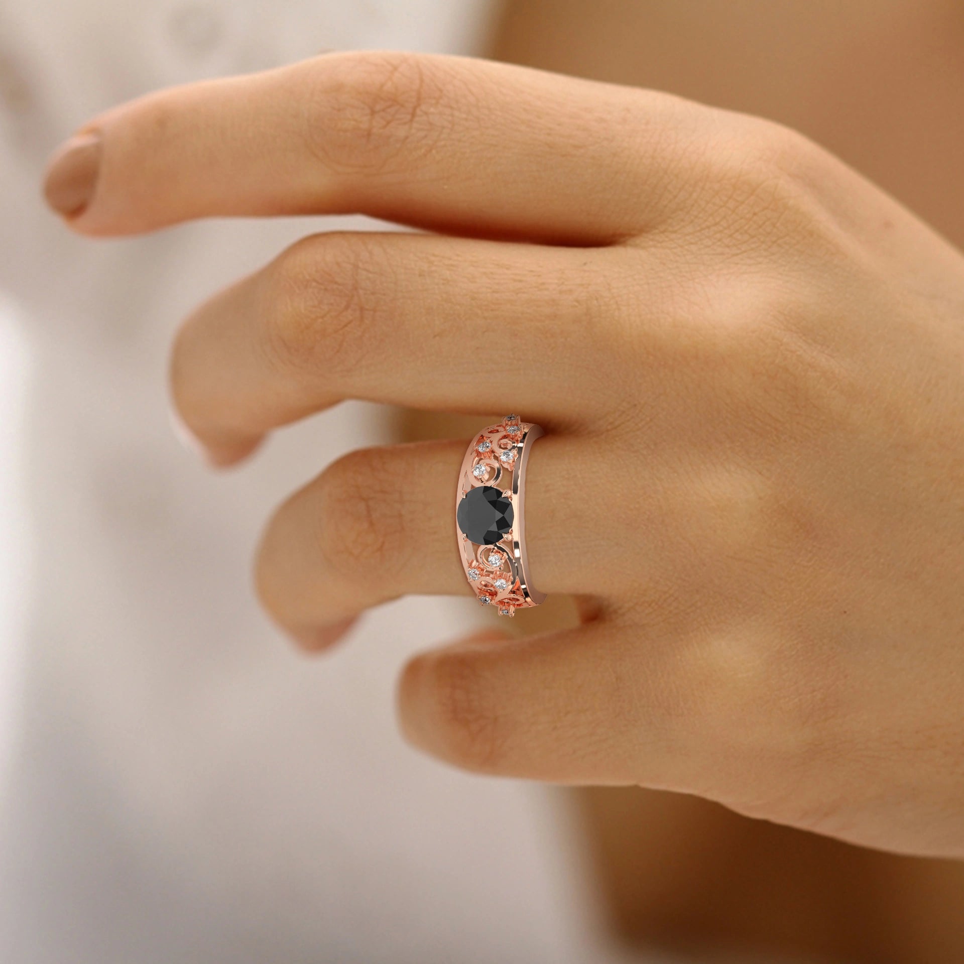 1.50 Ct Vintage Style Black Diamond Engagement Ring with Filigree Detail