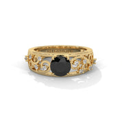 1.50 Ct Vintage Style Black Diamond Engagement Ring with Filigree Detail 18K Yellow Gold