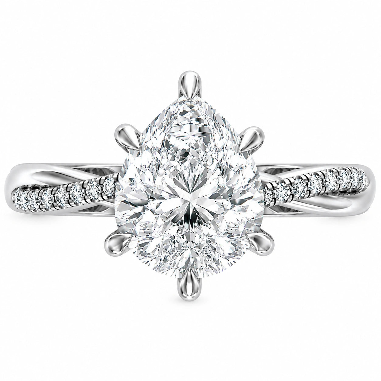 Front View Of 1.72 Ct Pear Cut Diamond Engagement Ring in Pavé Infinity Twist Setting