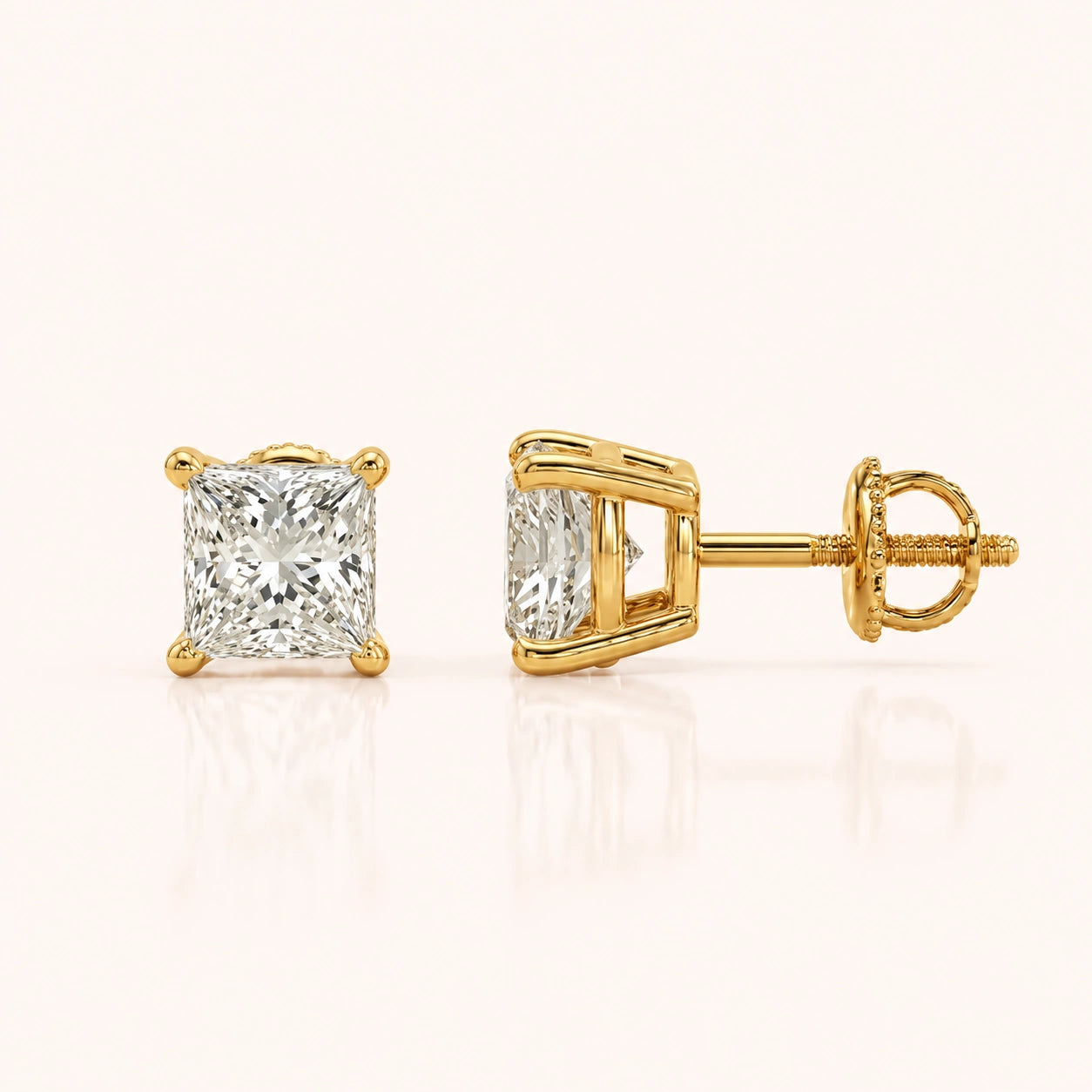 Luxury Princess Diamond Stud Earrings by Size & Setting