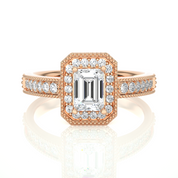 1.05 Carat Emerald Cut Prong Setting Halo Diamond Engagement Ring In Yellow Gold Rose