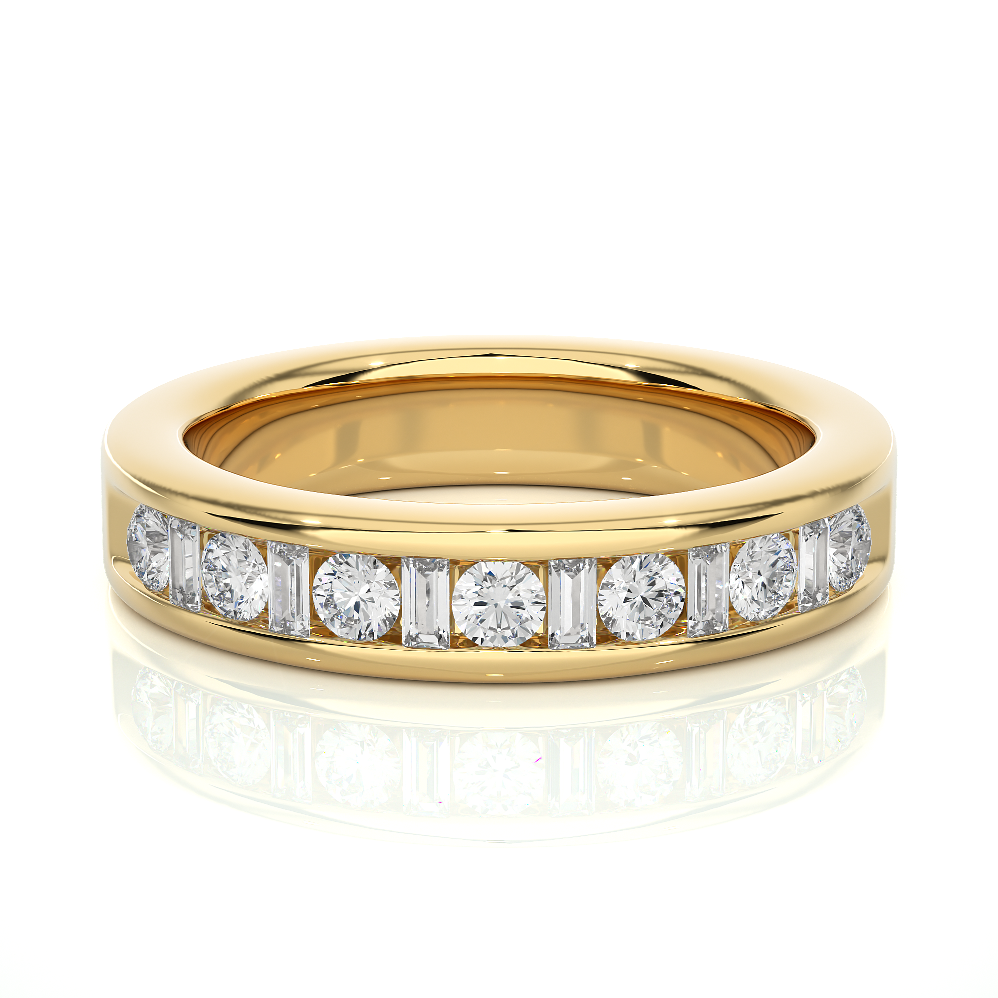 1 Ct Round And Baguette Cut Bezel Set Diamond Wedding Band 18K Yellow Gold Natural Diamond Diamond Wedding Bands